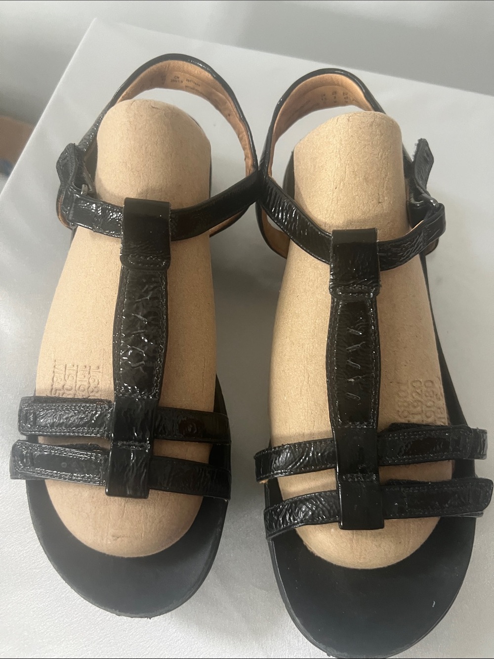 Clarks Black Patent T-Strap Sandals